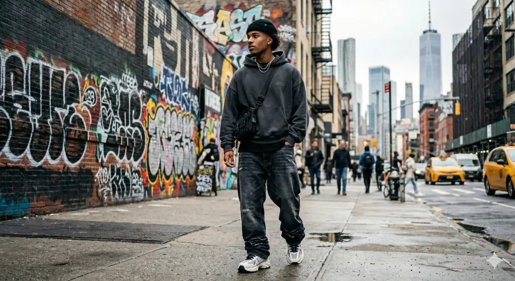 2026 streetwear fashion featuring oversized hoodie and urban style outfit
