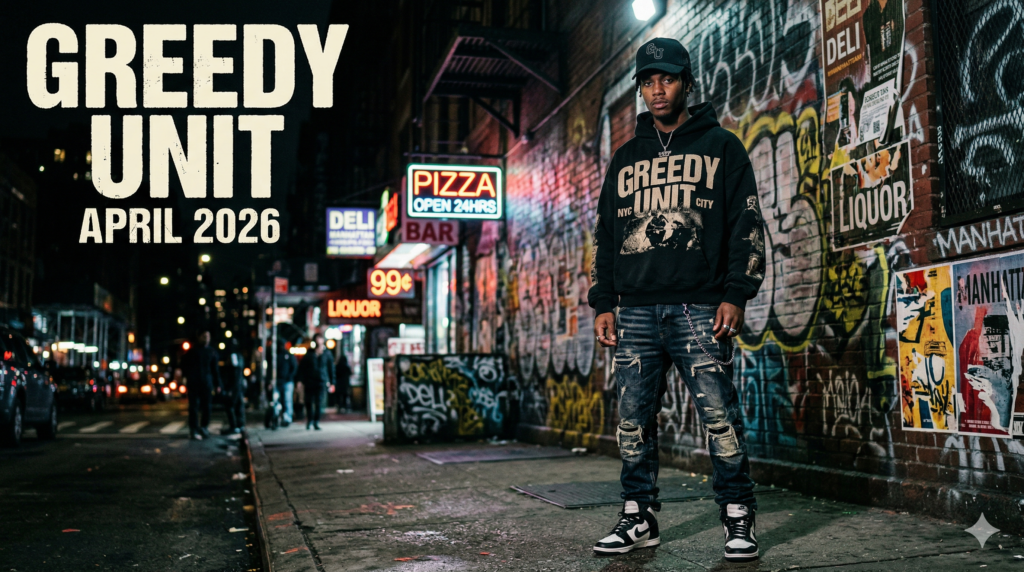 Greedy Unit April 2026 new drop featuring bold NYC streetwear hoodie and denim jeans with urban New York City background